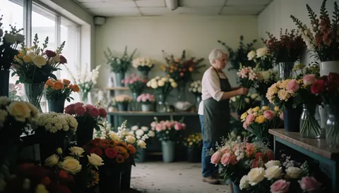 A florist working in a flower shop surrounded by colorful bouquets and vases in a warm professional setting