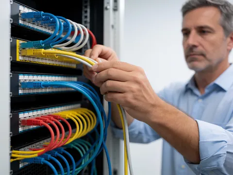 Close-up of an IT support technician connecting colorful ethernet cables to an organized patch panel within a clean server rack environment.