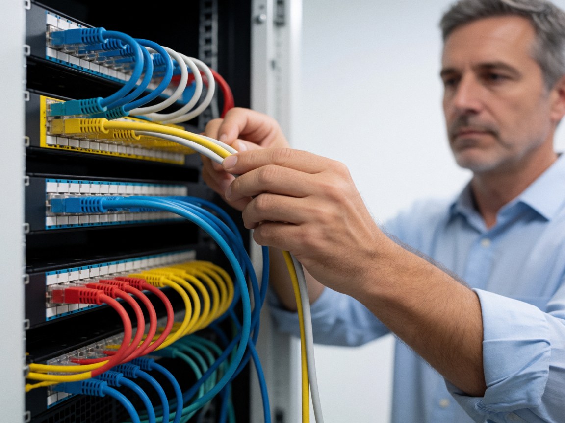 Close-up of an IT support technician connecting colorful ethernet cables to an organized patch panel within a clean server rack environment.