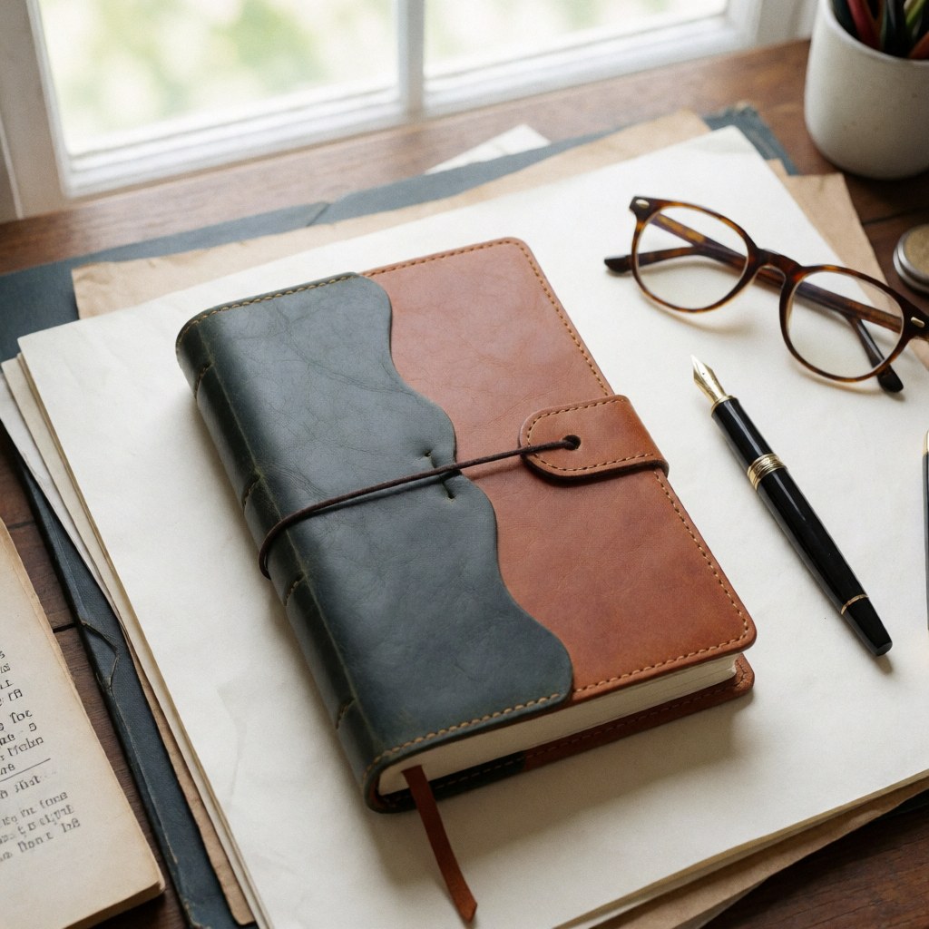 A personalized leather-bound journal lies open on a wooden desk next to a vintage ink pen, bathed in natural light from a nearby window, evoking creativity and reading.