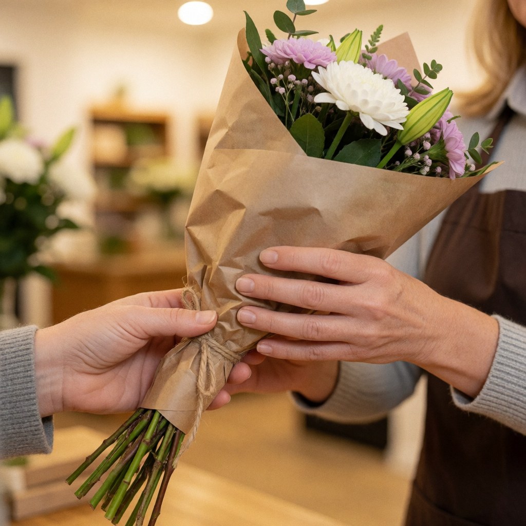 Hands delivering a flower bouquet wrapped in kraft paper with twine in a florist shop with a blurred background and warm lighting