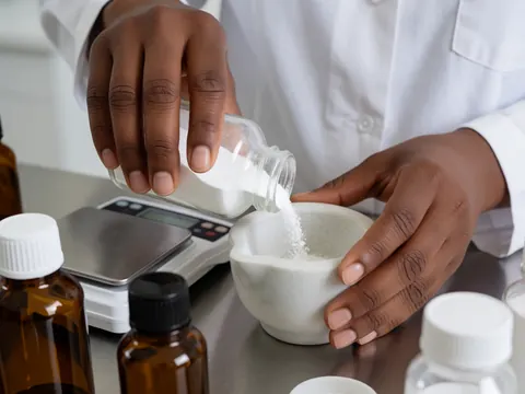 Close-up of hands mixing medication in a mortar with bottles, scale, and amber glass containers on a white clinical surface