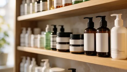 Wooden shelves holding jars and bottles of skincare products with warm lighting and a blurred background suitable for text overlay
