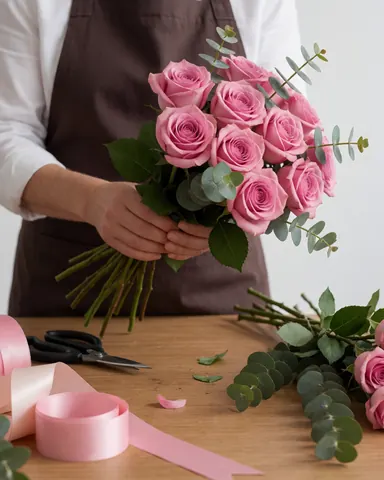 Florist hands arranging a rose and eucalyptus bouquet on a wooden table with ribbon and scissors nearby