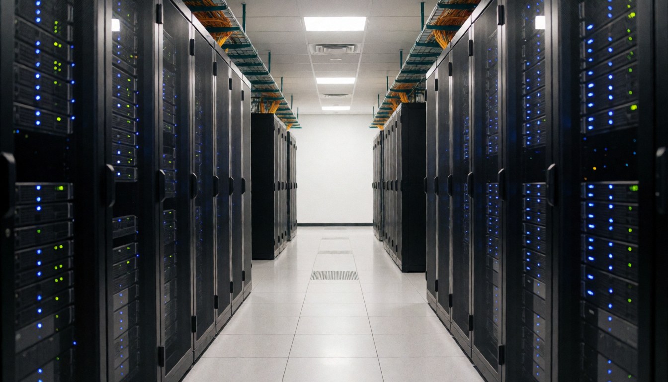 A clean server aisle in a data center featuring blue indicator lights, exposed ceiling cabling, and a polished floor.