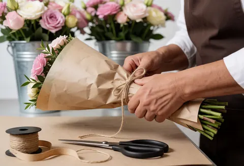 Florist wrapping a rose bouquet with kraft paper and jute twine, scissors and twine spool on table, flowers in metal buckets in background