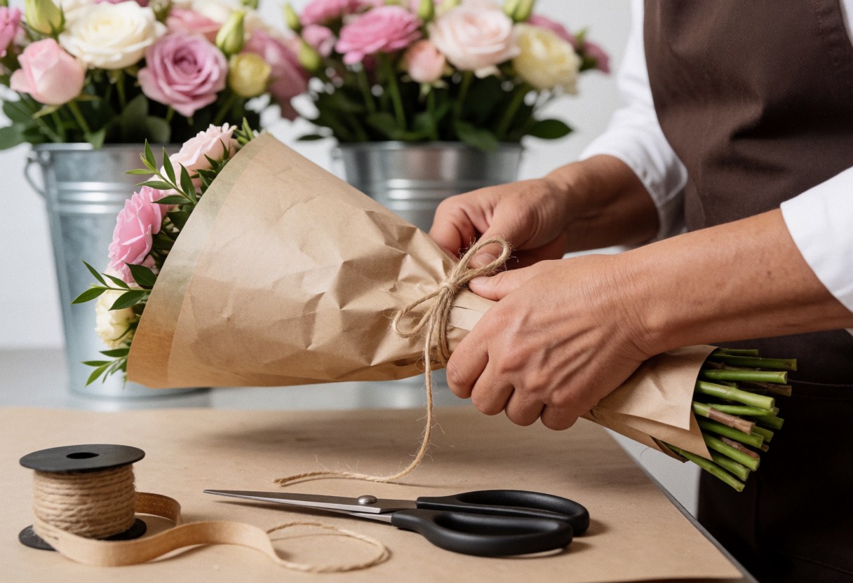 Florist wrapping a rose bouquet with kraft paper and jute twine, scissors and twine spool on table, flowers in metal buckets in background