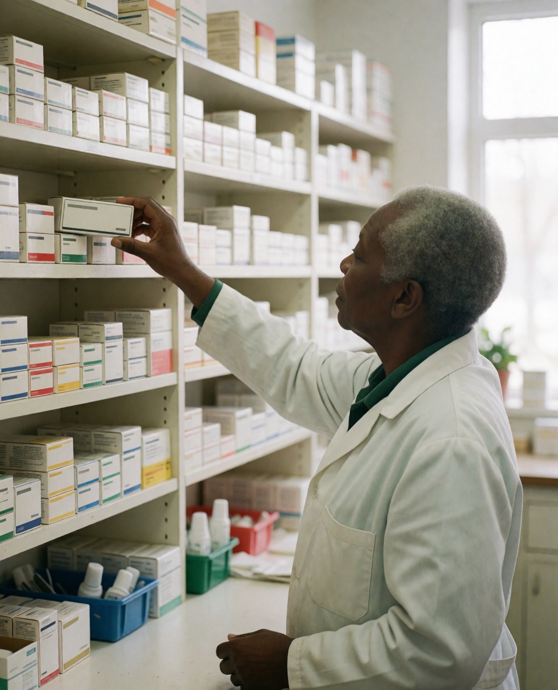 A pharmacist reaches for a medicine bottle on a pharmacy shelf while holding a bag, illustrating a service in action.