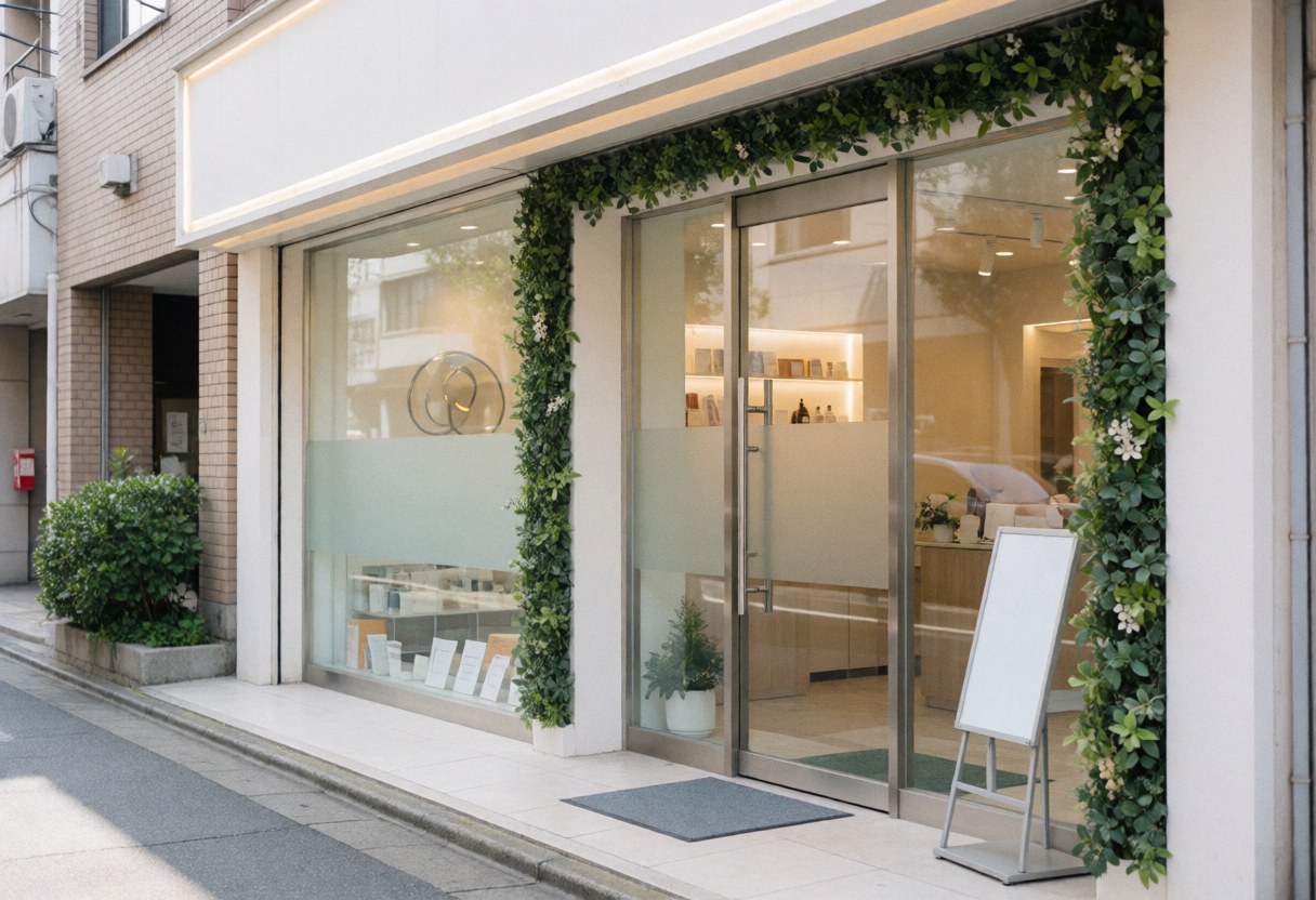 Exterior view of a modern beauty clinic featuring a glass door entrance, green plant frames, and a bright inviting interior visible from the street.