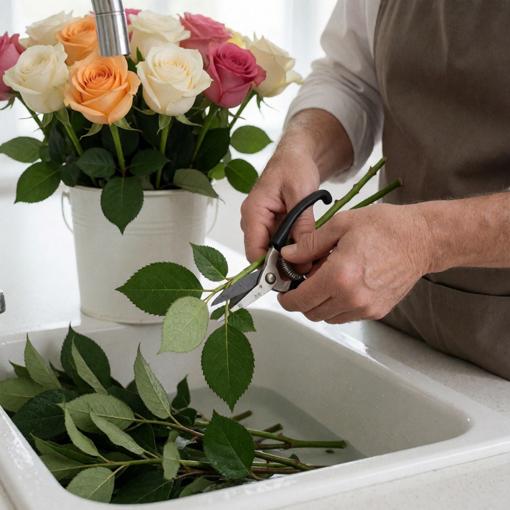 A florist uses scissors to trim rose stems over a clean sink, surrounded by green leaves, water droplets, and a bucket of fresh roses.