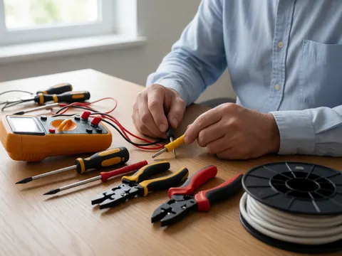 Multimeter, screwdrivers, and cables arranged on a wooden table with natural light, showing hands working on hardware repair.