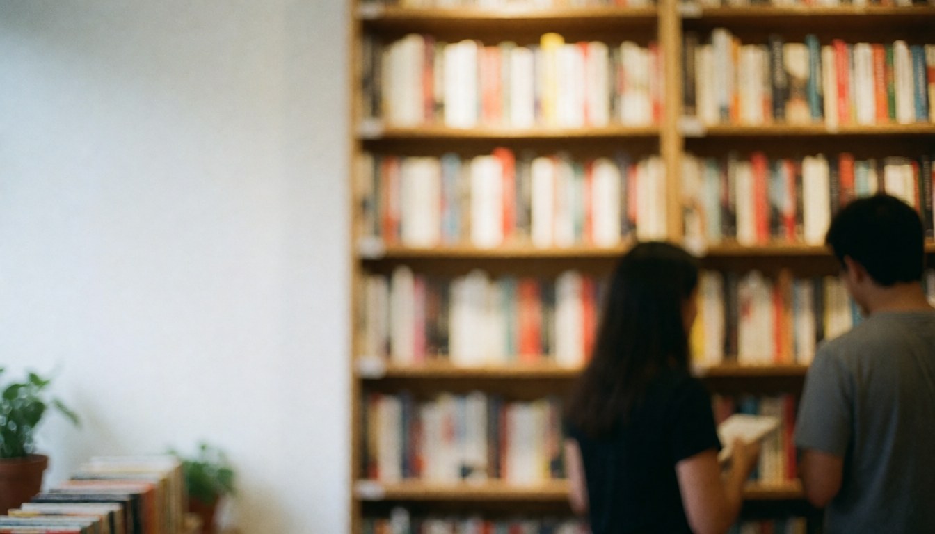 Soft focus background of a bookstore interior featuring wooden bookshelves filled with books, creating a calm atmosphere suitable for text overlay