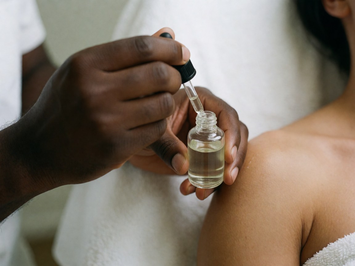 Close-up of a professional hand using a dropper to apply skincare serum onto a client's shoulder against a white background with natural lighting