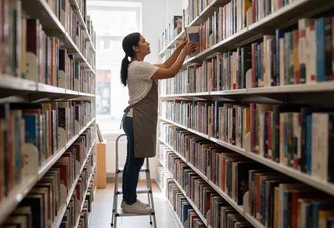 A woman wearing an apron stands on a ladder organizing books on shelves in a bookstore