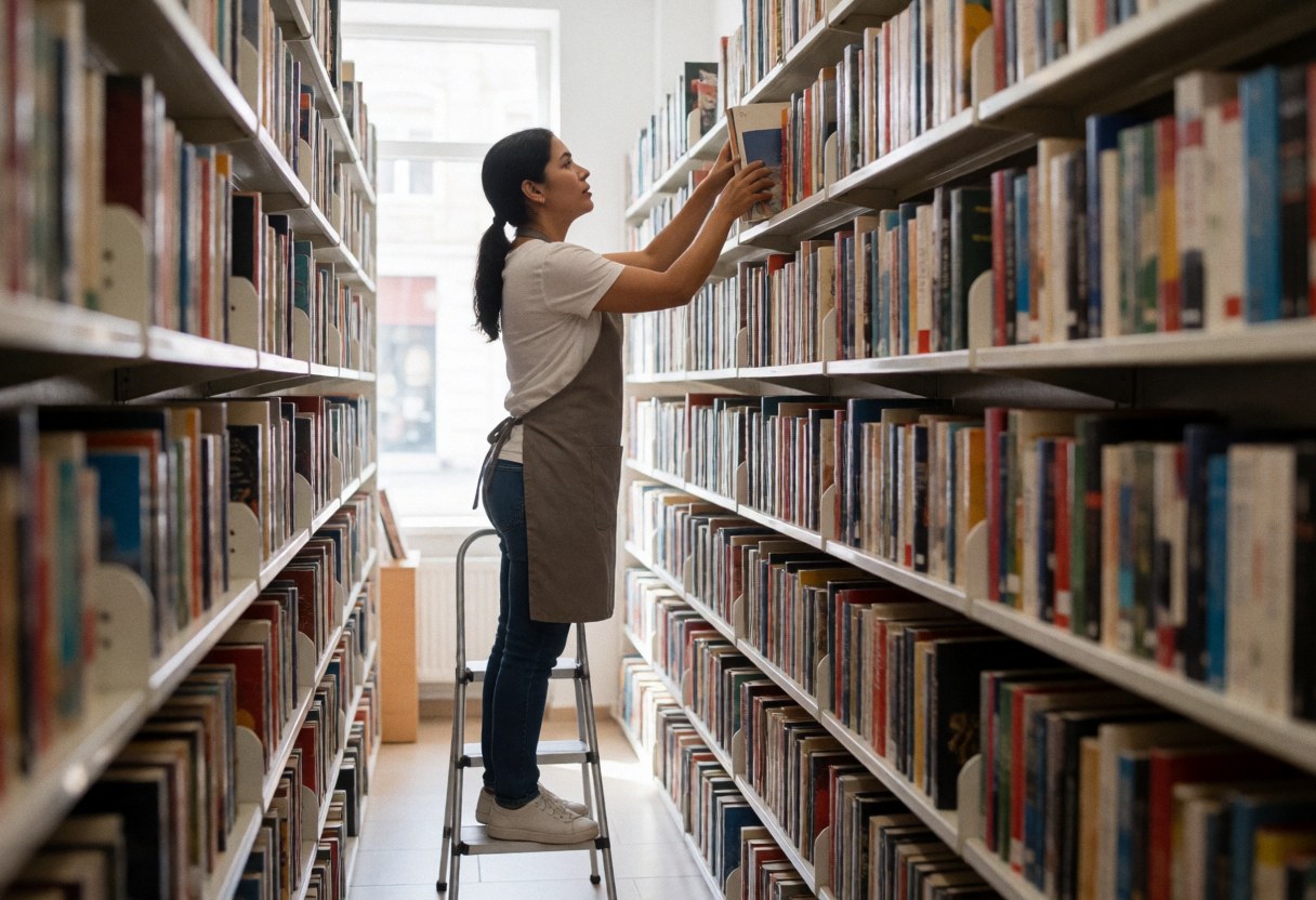 A woman wearing an apron stands on a ladder organizing books on shelves in a bookstore