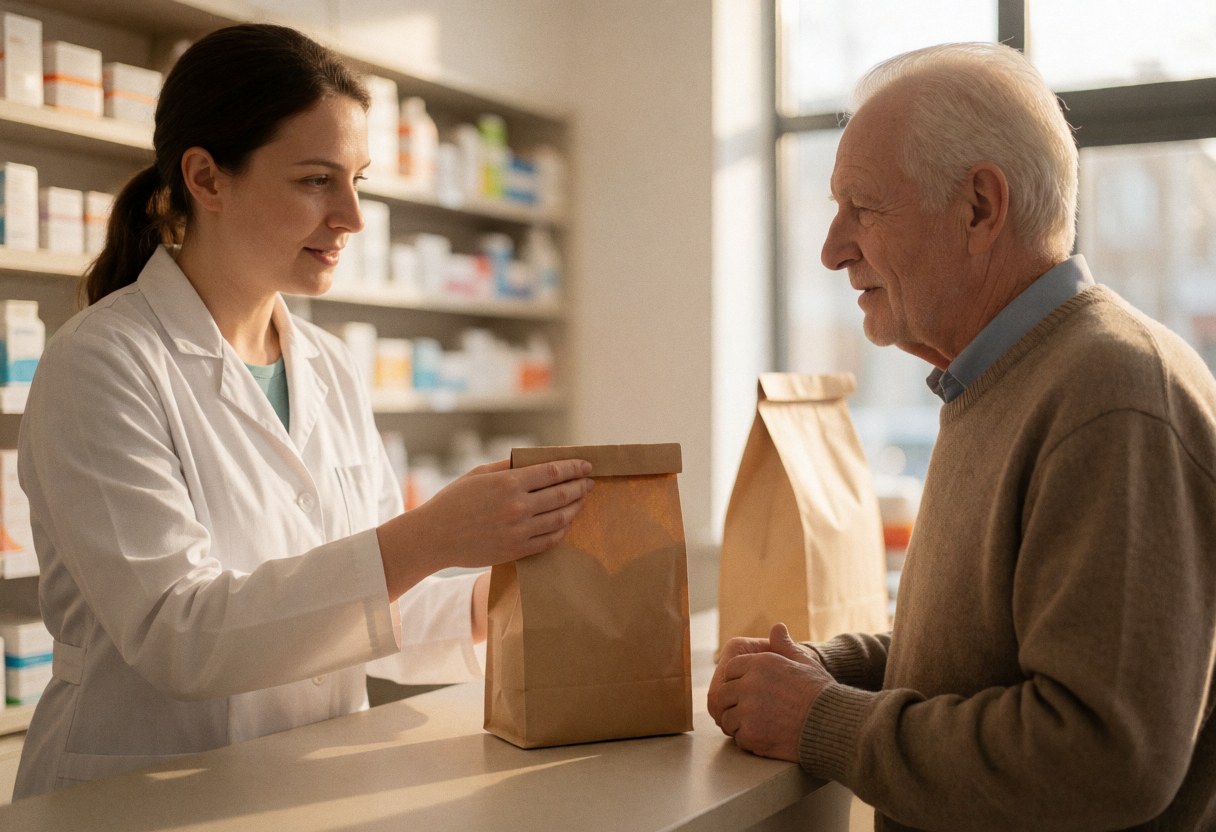 A pharmacist hands a medication bag to an elderly customer in a pharmacy with shelves of medicine in the background.