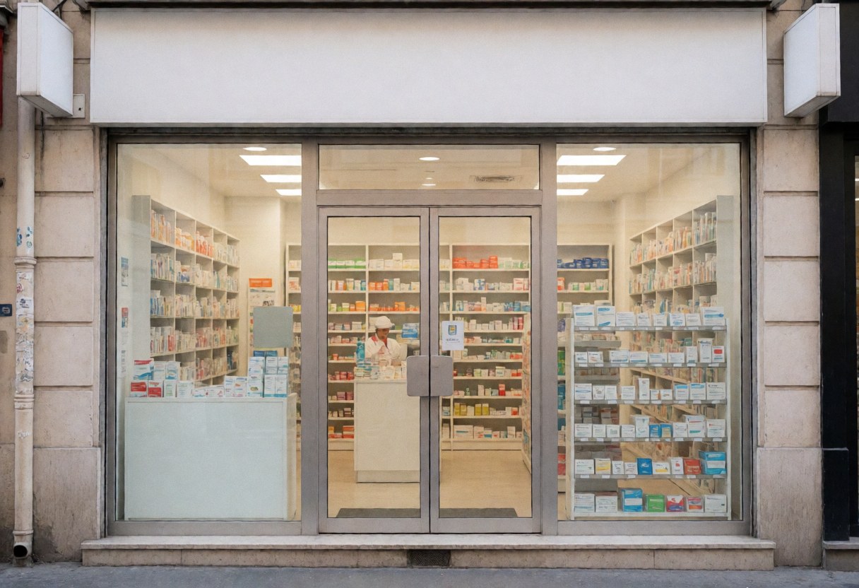Exterior view of a pharmacy facade featuring glass doors and a display window, with an illuminated interior showing medication shelves and a pharmacist working at the counter.
