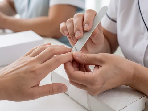 Close-up of a professional manicurist using a file on a client's nails, highlighting detailed hand care work with bright, realistic lighting.