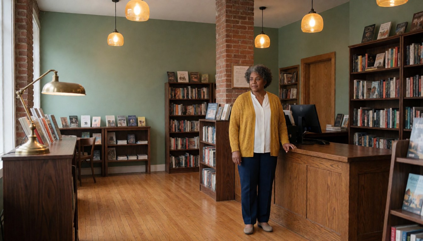 Interior of a bookstore with green walls, wooden floors, and bookshelves filled with books. A woman stands near the counter in a calm atmosphere.