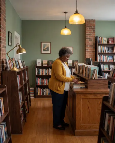 A woman arranges books on dark wooden shelves in a bookstore with green walls and warm pendant lighting.