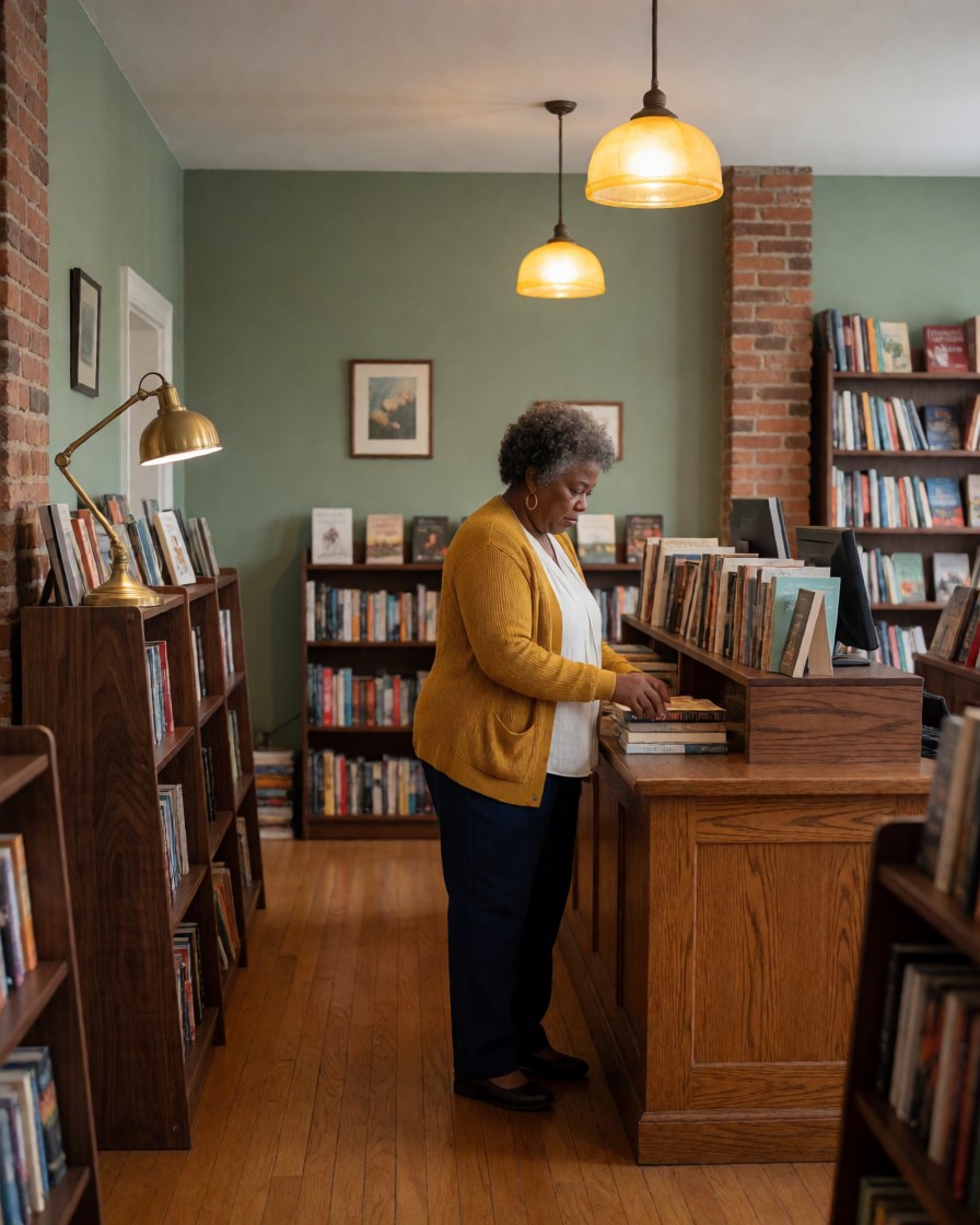 A woman arranges books on dark wooden shelves in a bookstore with green walls and warm pendant lighting.
