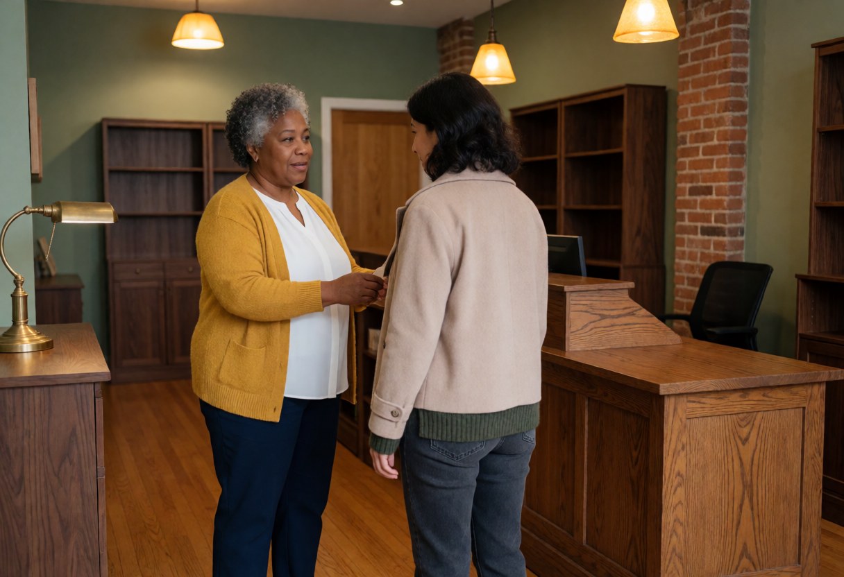 A sales associate assists a customer with a purchase at a cozy bookstore counter lined with wooden shelves and green walls.
