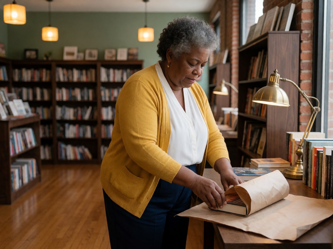 Close-up view of hands carefully wrapping a book in brown paper on a wooden table in a cozy bookstore with green walls and warm lighting