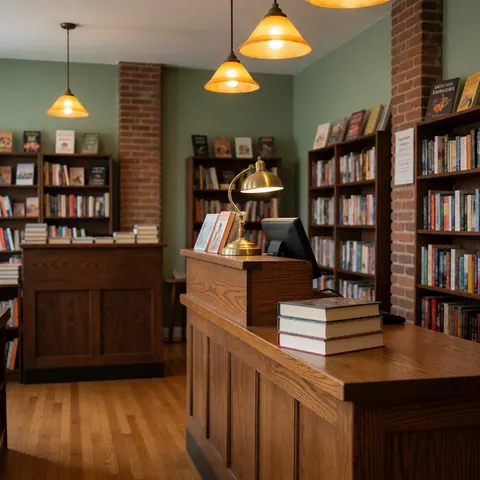 Warm bookstore interior featuring a wooden counter, bookshelves filled with books, hanging lamps, and green walls.