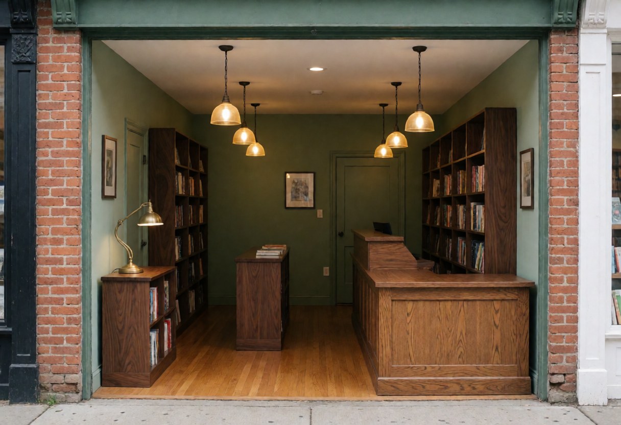 Independent bookstore storefront featuring green walls, wooden flooring, hanging lights, dark wood shelves, and a wooden counter with brick walls.