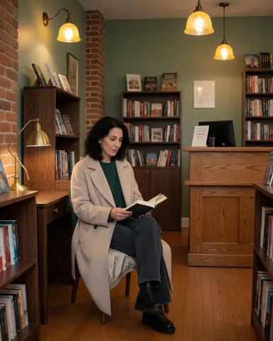 A woman sitting on a chair in a bookstore, holding and reading a book with a calm expression.