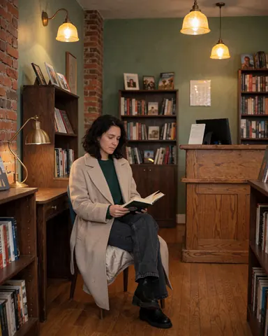 A woman sitting on a chair in a bookstore, holding and reading a book with a calm expression.