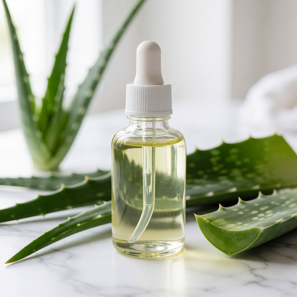 Glass bottle of organic aloe vera facial serum with dropper surrounded by fresh aloe leaves on white marble, clean natural lighting