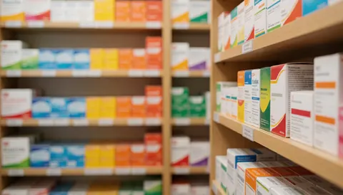 Softly blurred background of pharmacy shelves filled with colorful medicine boxes, creating a warm and professional space ideal for text overlay.