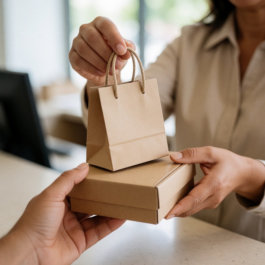 Close-up of hands exchanging a product package during a professional delivery, highlighting attentive customer service and skincare care in natural lighting