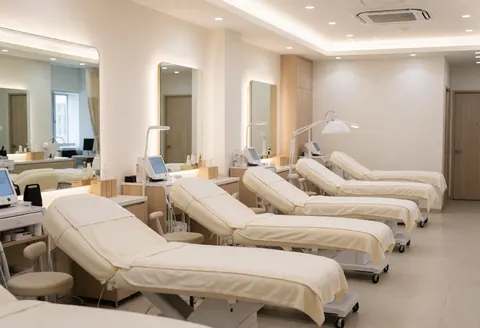 Clean and professional empty aesthetic clinic interior featuring treatment beds, mirrors, and soft lighting for a serene client environment.