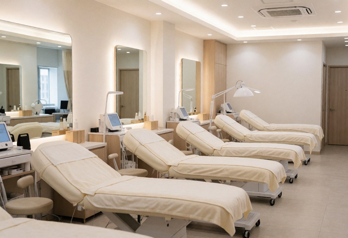 Clean and professional empty aesthetic clinic interior featuring treatment beds, mirrors, and soft lighting for a serene client environment.