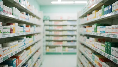 Out of focus pharmacy shelves with white, green, and blue tones, serving as a clean and professional background for text overlays.