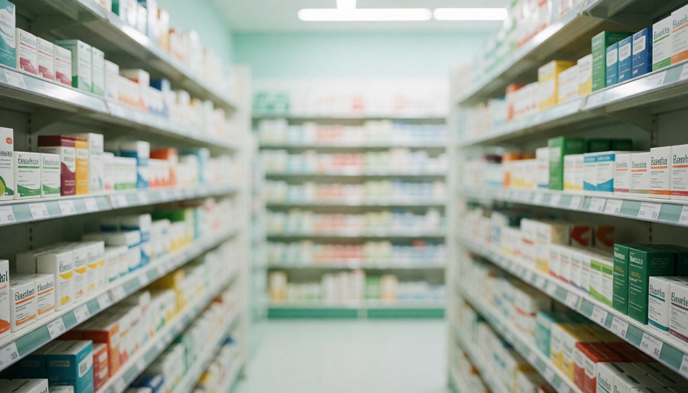 Out of focus pharmacy shelves with white, green, and blue tones, serving as a clean and professional background for text overlays.