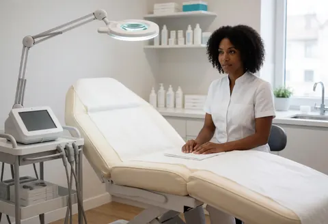 An esthetician stands in a bright treatment room with a massage table, magnifying lamp, and skincare products on shelves.