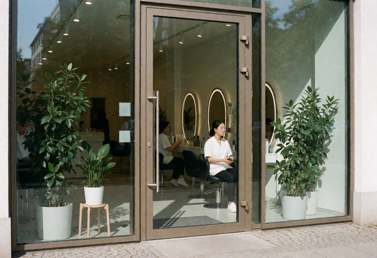 Modern beauty salon storefront featuring a glass facade, green plants, and an aesthetician working inside with natural light.