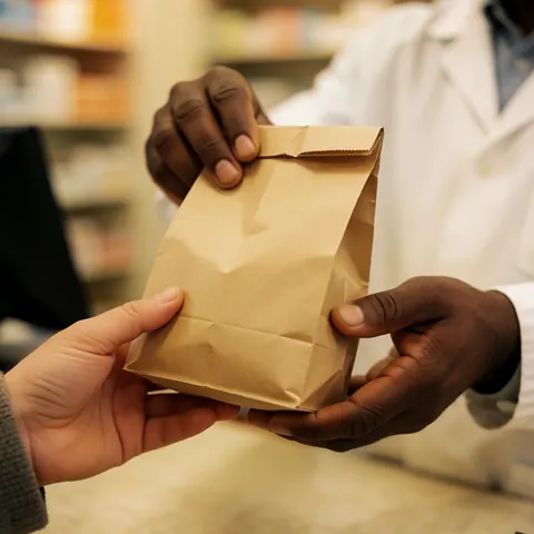 Close-up of a pharmacist's hands handing a paper bag containing prescription medicine to a customer at the pharmacy counter