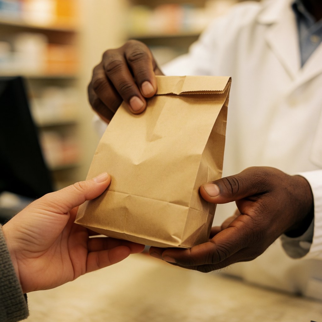Close-up of a pharmacist's hands handing a paper bag containing prescription medicine to a customer at the pharmacy counter
