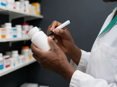 Pharmacist in white coat labeling a medicine bottle with a black marker, pharmacy shelves background, professional lighting focused on hands