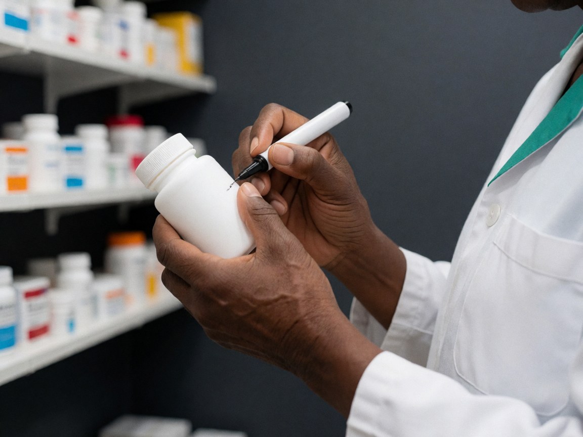 Pharmacist in white coat labeling a medicine bottle with a black marker, pharmacy shelves background, professional lighting focused on hands