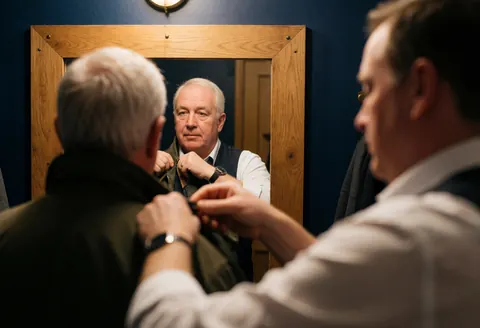 A fashion advisor adjusts the collar of a jacket for an older male client in front of a mirror inside a fitting room with blue walls and wood accents.