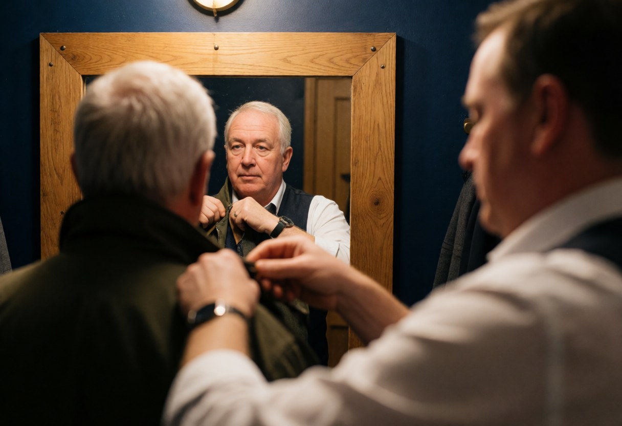 A fashion advisor adjusts the collar of a jacket for an older male client in front of a mirror inside a fitting room with blue walls and wood accents.
