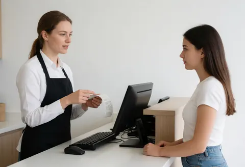 A cashier explains the store's return policy to a young customer holding a receipt, with a computer and cash register visible in a clean professional environment.