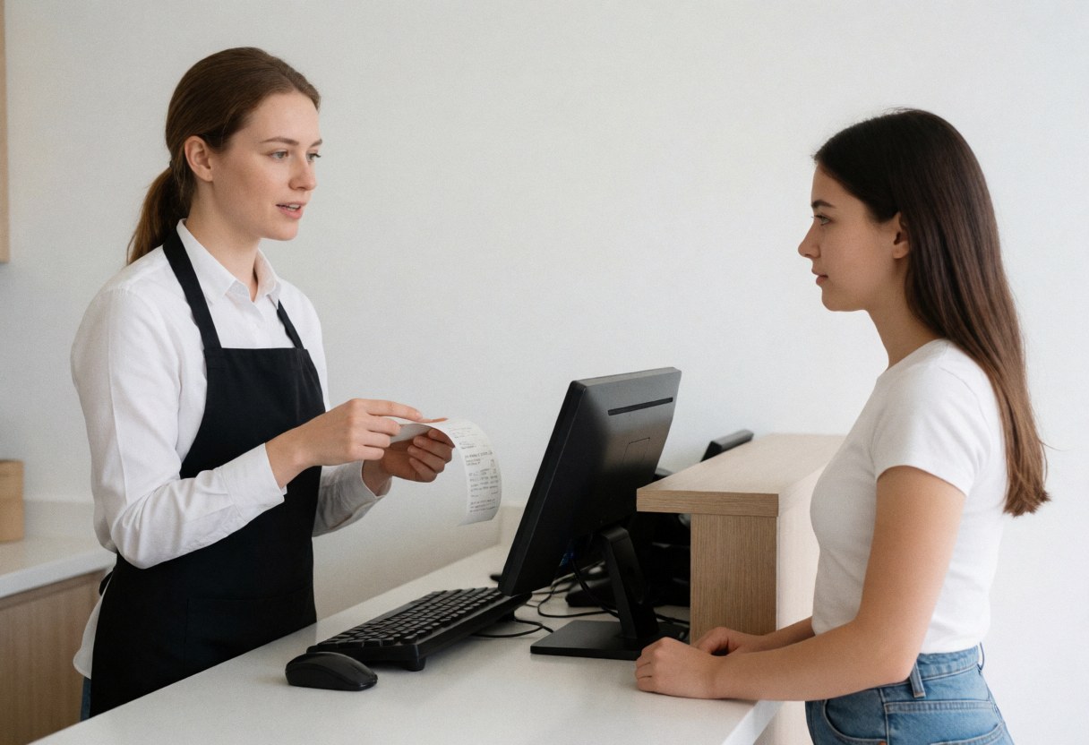 A cashier explains the store's return policy to a young customer holding a receipt, with a computer and cash register visible in a clean professional environment.