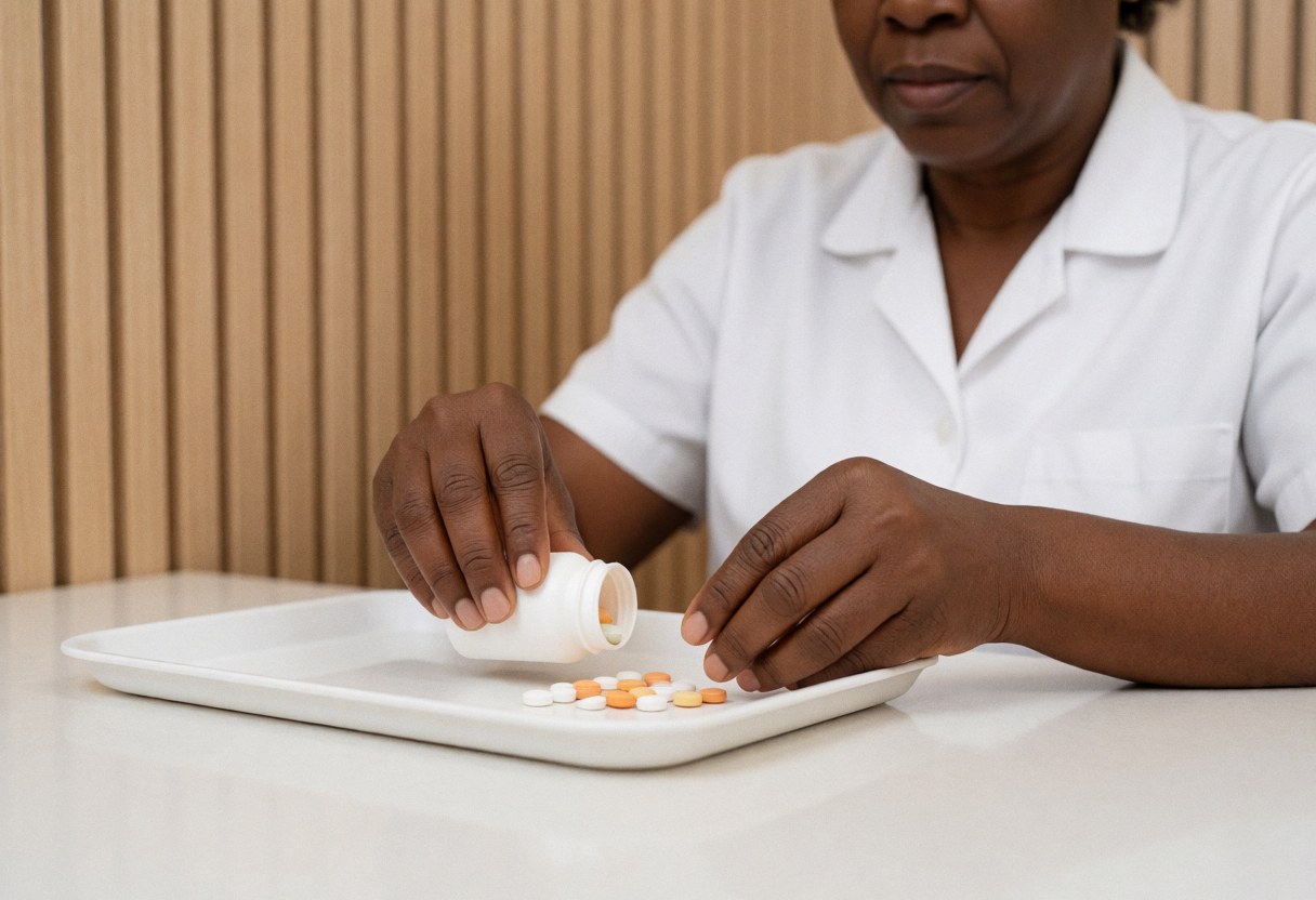 A pharmacist counts prescription pills on a tray while preparing medication for a customer at a pharmacy counter.