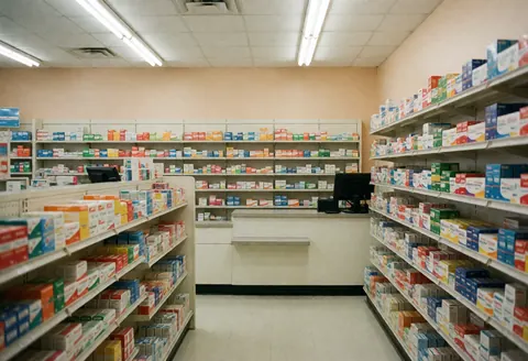 Empty pharmacy interior featuring organized medication shelves, a service counter, fluorescent lighting, and beige walls for business website use